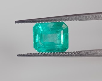 May include: A vibrant, rectangular emerald gemstone held by tweezers. The gem is a vivid green color with a clear, faceted surface. The tweezers are silver and the background is a neutral gray.