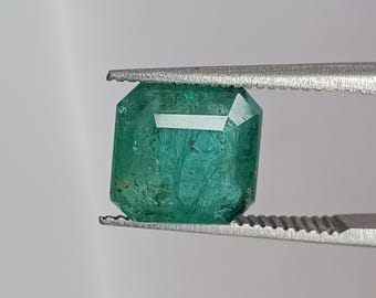 May include: A faceted, emerald-green gemstone held by a pair of tweezers. The gemstone has a rectangular shape with beveled edges, showcasing its clarity and color. The tweezers are silver-colored, providing a contrast to the vibrant green of the gem.