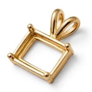 May include: A gold-toned metal pendant setting featuring a square-shaped frame with four prongs at each corner designed to hold a gemstone. The setting includes a smooth, rounded bail at the top for attaching to a necklace chain or cord.