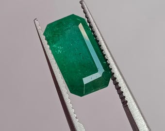 May include: A vibrant, rectangular emerald gemstone held by silver tweezers. The emerald has a deep green color and a polished surface, showcasing its clarity and brilliance. The gemstone is cut with clean, straight edges.
