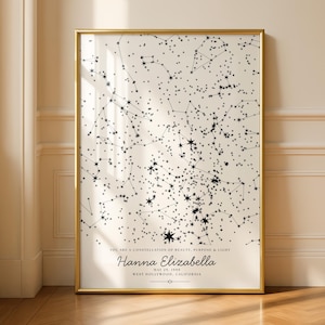 May include: A framed star map print featuring a black constellation pattern on a cream background. The text reads: YOU ARE A CONSTELLATION OF BEAUTY, PURPOSE & LIGHT, Hanna Elizabeth, MAY 29, 1999, WEST HOLLYWOOD, CALIFORNIA, with a thin gold frame.