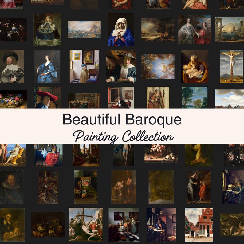 May include: A collection of Baroque paintings, featuring portraits, landscapes, and religious scenes. The artwork showcases a variety of styles and subjects, with a banner that reads "Beautiful Baroque Painting Collection."