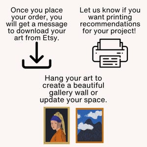 K&ouml;nnte beinhalten: Bild mit Text: &bdquo;Sobald Sie Ihre Bestellung aufgeben, erhalten Sie eine Nachricht zum Herunterladen Ihrer Kunst von Etsy.&ldquo; und &bdquo;H&auml;ngen Sie Ihre Kunst auf, um eine sch&ouml;ne Galeriewand zu gestalten oder Ihren Raum zu aktualisieren.&ldquo; Enth&auml;lt zwei gerahmte Kunstdrucke und ein Druckersymbol.