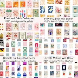 May include: A collection of wall art prints featuring various themes. The image showcases prints with food and drink themes, floral designs, Bauhaus, and Matisse styles. Text includes "Food and Drink Collection", "Flower Market Wall Decor", "Ultimate Bauhaus Wall Decor", and "Ultimate Matisse Wall Decor".