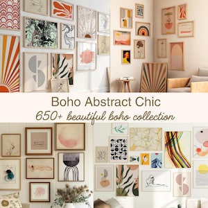 May include: A collection of framed art prints in a variety of sizes and styles, including abstract designs, botanical illustrations, and geometric patterns. The color palette includes warm tones, such as orange, pink, and beige. The text "Boho Abstract Chic" and "650+ beautiful boho collection" is visible.