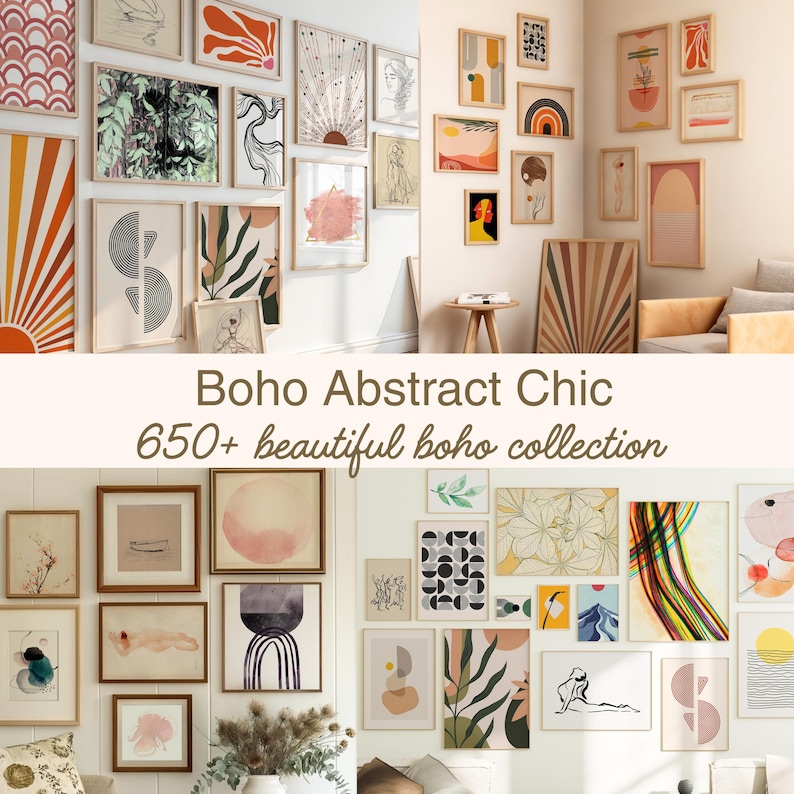 May include: A collection of framed art prints in a variety of sizes and styles, including abstract designs, botanical illustrations, and geometric patterns. The color palette includes warm tones, such as orange, pink, and beige. The text "Boho Abstract Chic" and "650+ beautiful boho collection" is visible.