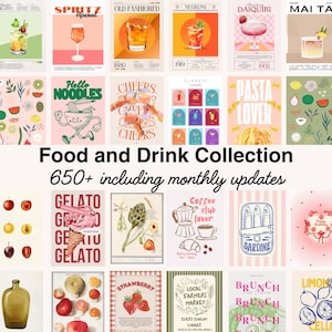 May include: A collection of illustrated food and drink posters. The posters feature cocktails, pasta, gelato, and other food items. Text includes "Food and Drink Collection" and "650+ including monthly updates."
