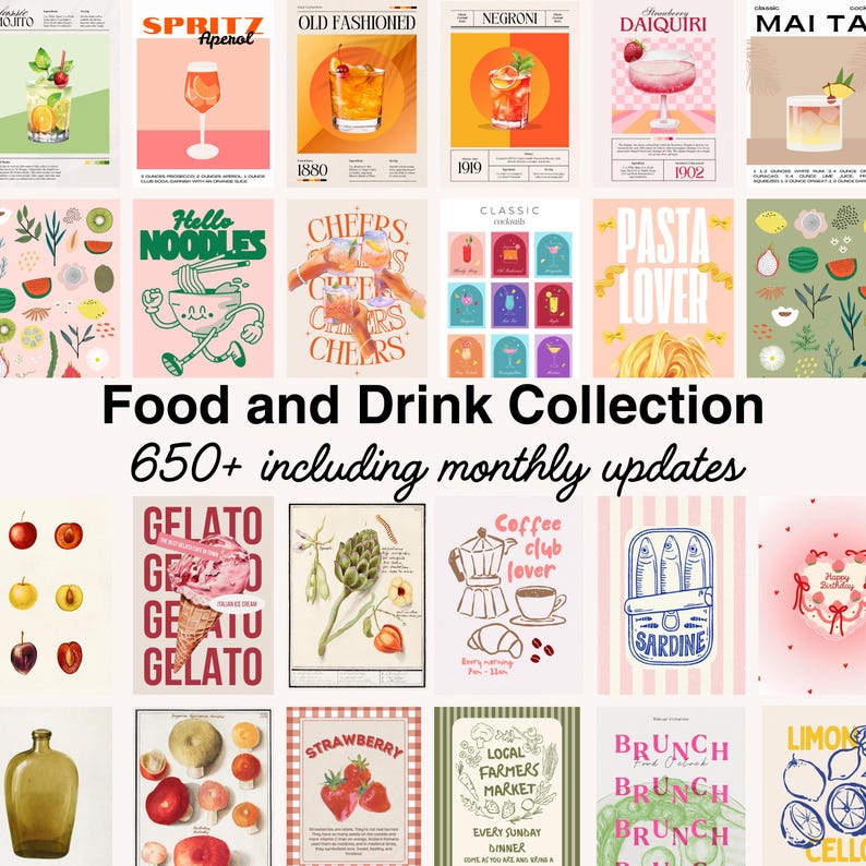May include: A collection of illustrated food and drink posters. The posters feature cocktails, pasta, gelato, and other food items. Text includes "Food and Drink Collection" and "650+ including monthly updates."
