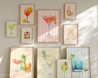 12+ Watercolor Cocktail Print Bundle, Pink Striped Bar Cart Wall Art, Preppy Martini Posters, Coquette Kitchen Digital Download