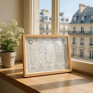 K&ouml;nnte beinhalten: Ein gerahmter Druck mit hellem Holzrahmen, der ein Horoskop mit dem Namen "Hanna Elizabella" zeigt. Der Druck enth&auml;lt astrologische Symbole, Text und ein geometrisches Design. Der Druck liegt auf einer Holzoberfl&auml;che in der N&auml;he eines Fensters.