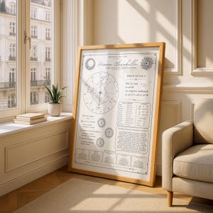 May include: A framed astrological chart with the name "Hanna Elizabeth" and birth details. The chart features geometric designs, zodiac symbols, and text. The frame is light brown, and the chart is leaning against a wall near a window.