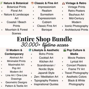 May include: A graphic featuring various art print categories, including Nature & Botanical, Classic & Fine Art, Vintage & Retro, Modern & Contemporary, Lifestyle & Aesthetic, and Pop Culture & Media. Text reads "Entire Shop Bundle 30,000+ lifetime access."