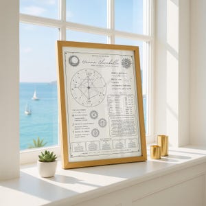 May include: A framed birth chart with a light wood frame. The chart features a detailed astrological design with the name "Hanna Elizabella" at the top. The chart includes birth details and astrological interpretations.