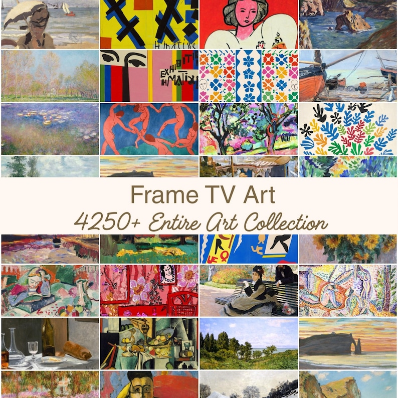 May include: A collection of various art prints, including landscapes, portraits, and abstract designs. The image features a grid of colorful artworks, with the text "Frame TV Art" and "4250+ Entire Art Collection" displayed prominently.