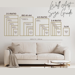 Peut inclure: Un guide des tailles d'art mural avec diff&eacute;rentes dimensions de cadres en pouces et en centim&egrave;tres. Le guide comprend les ratios 2:3, ISO A1-A4, 4:5, 3:4 et les tailles 11x14. Le texte "Wall Art Size Guide" est &eacute;crit en cursive. Un canap&eacute; est en dessous.