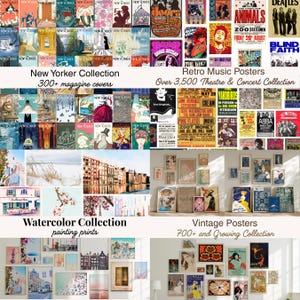 May include: A collection of vintage art prints and posters, including New Yorker magazine covers, retro music posters, watercolor paintings, and vintage posters. The image displays various framed artworks, showcasing a diverse range of styles and themes.
