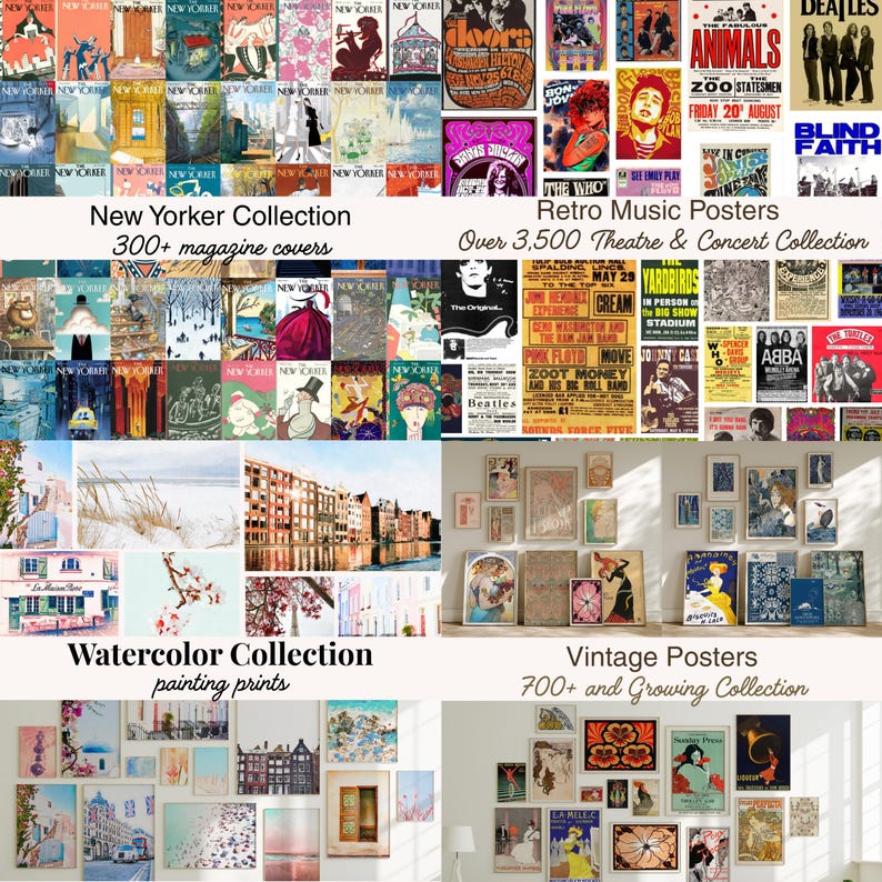 May include: A collection of vintage art prints and posters, including New Yorker magazine covers, retro music posters, watercolor paintings, and vintage posters. The image displays various framed artworks, showcasing a diverse range of styles and themes.