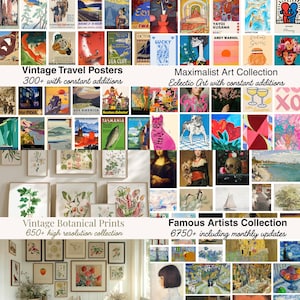 May include: A collection of framed art prints, including vintage travel posters, botanical prints, and famous artist reproductions. The image features a variety of styles and themes, with text labels indicating the collections and the number of prints available.