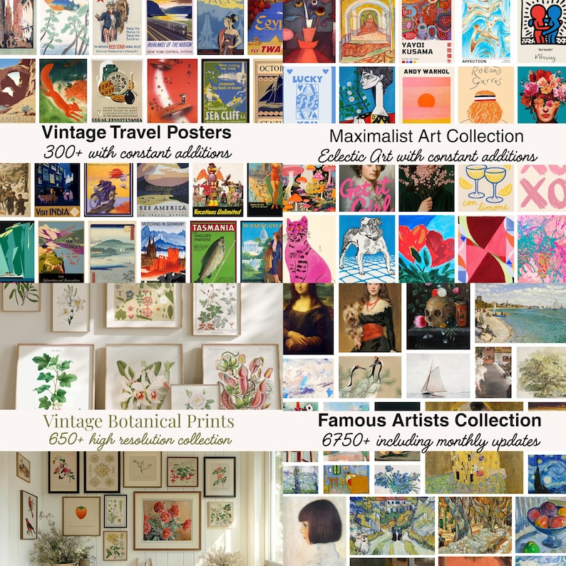 May include: A collection of framed art prints, including vintage travel posters, botanical prints, and famous artist reproductions. The image features a variety of styles and themes, with text labels indicating the collections and the number of prints available.