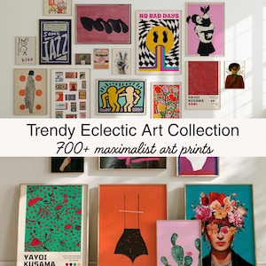 May include: A gallery wall display featuring a diverse collection of framed art prints with various graphic designs, illustrations, and abstract patterns in vibrant colors, including text-based posters and floral motifs arranged on a white wall.