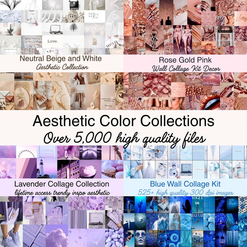 May include: Aesthetic color collections featuring neutral beige and white, rose gold pink, lavender, and blue wall collage kits. Each kit includes high-quality images for trendy decor. The image displays text: "Over 5,000 high quality files."