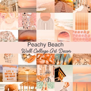 May include: A collage of images in a peachy color palette, featuring beach scenes, art, and lifestyle elements. The text "Peachy Beach Wall Collage Art Decor" is displayed in a decorative font, suggesting a theme of coastal aesthetics and home decor.