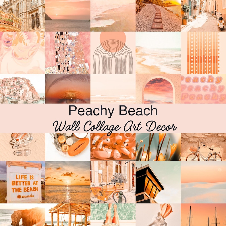 May include: A collage of images in a peachy color palette, featuring beach scenes, art, and lifestyle elements. The text "Peachy Beach Wall Collage Art Decor" is displayed in a decorative font, suggesting a theme of coastal aesthetics and home decor.