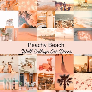 Puede incluir: Un collage de imágenes en tonos melocotón que representan escenas de playa, arquitectura y objetos. El texto "Peachy Beach Wall Collage Art Decor" está en el centro. Las imágenes incluyen un scooter, tablas de surf y un letrero de neón.