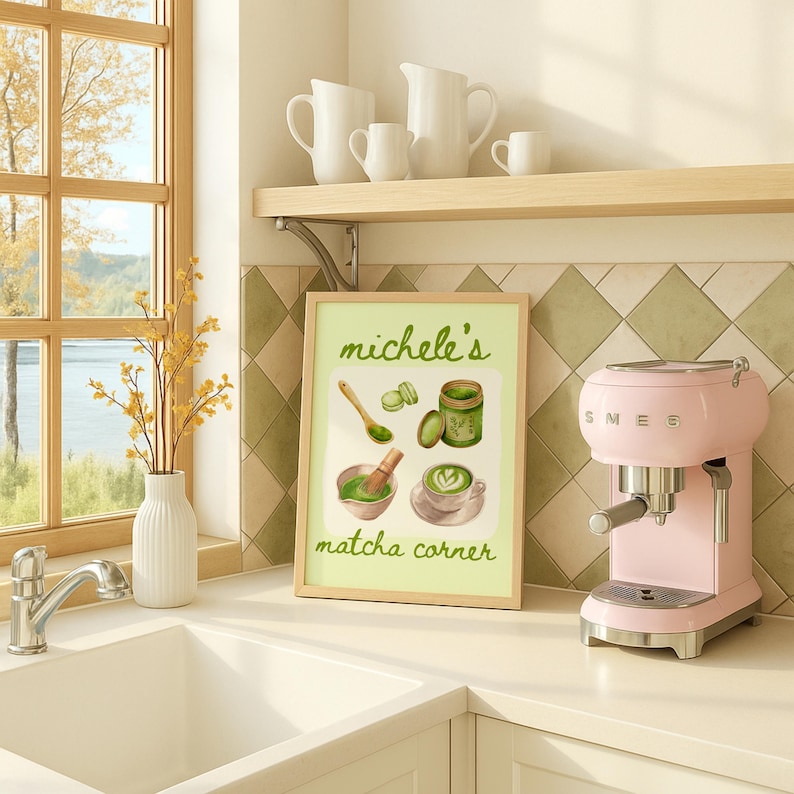 Peut inclure: Une cuisine avec une affiche encadr&eacute;e intitul&eacute;e "michele's matcha corner" pr&eacute;sentant des illustrations de pr&eacute;paration du matcha. Une machine &agrave; expresso rose SMEG est &agrave; c&ocirc;t&eacute; de l'affiche. Des pichets et tasses blancs sont sur une &eacute;tag&egrave;re au-dessus.
