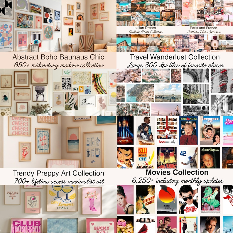 May include: A collection of framed art prints and movie posters, including travel photos and abstract designs. The image features various collections, such as "Abstract Boho Bauhaus Chic" and "Movies Collection."