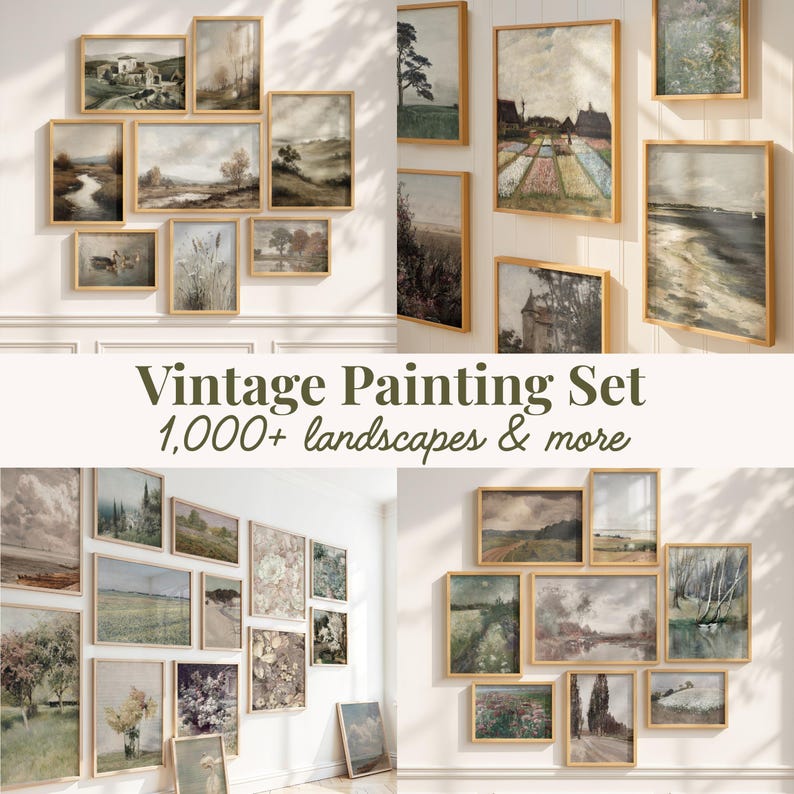 May include: A collection of framed vintage landscape paintings in various sizes, arranged on a white wall. The paintings feature muted tones and depict scenes of nature, with text that reads "Vintage Painting Set 1,000+ landscapes & more."
