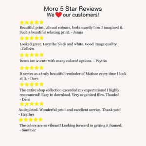 May include: A cream-colored graphic with the text "More 5 Star Reviews" and customer testimonials. The reviews highlight print quality, color vibrancy, and overall satisfaction with the shop's products. A red heart graphic is also present.