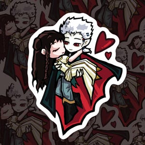 May include: A sticker featuring a cartoon couple embracing. The male figure has white hair and a red cape, holding the female figure in his arms. The background is a repeating pattern of the same image with red hearts.