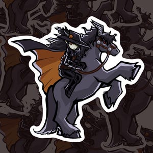 May include: A sticker featuring a cartoon illustration of a character riding a dark gray horse. The character wears a black outfit, hat, and cape with orange lining. The horse has a bridle and reins. The background is a repeating pattern of the same image.