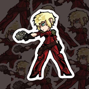 May include: A sticker featuring a cartoon character in a red outfit with blonde hair and blue eyes. The character is holding a metallic object and is set against a gray background with repeating images of the same character.
