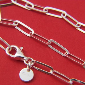May include: A silver-toned paperclip chain necklace featuring elongated rectangular links with a polished finish. The chain includes a secure lobster claw clasp and a small, round metal tag stamped with the word ITALY near the closure.