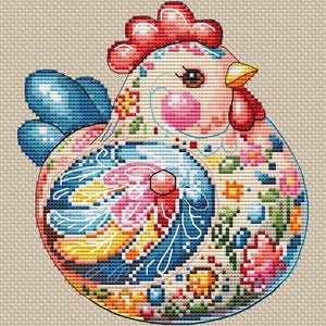 May include: A cross-stitch design of a colorful rooster. The rooster features a red comb and wattle, a yellow beak, and is adorned with floral patterns in pink, blue, orange, and green. The background is a neutral beige.