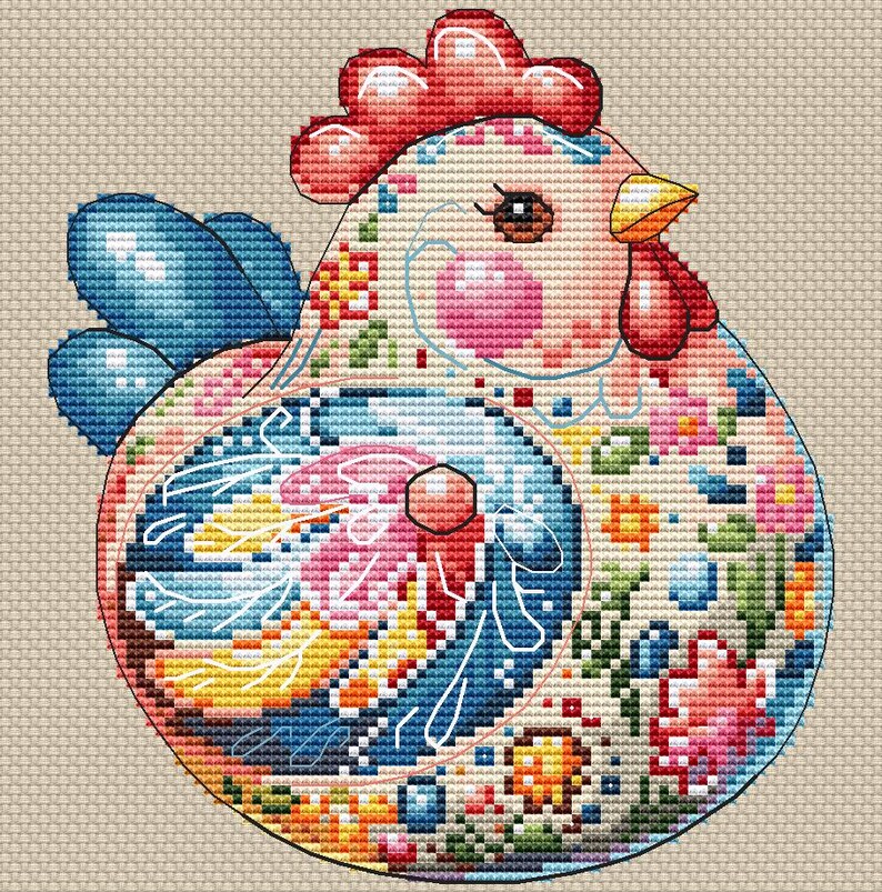 May include: A cross-stitch design of a colorful rooster. The rooster features a red comb and wattle, a yellow beak, and is adorned with floral patterns in pink, blue, orange, and green. The background is a neutral beige.