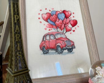 Valentine’s Day Cross Stitch Pattern | Red Car with Heart Balloons | Romantic Embroidery PDF