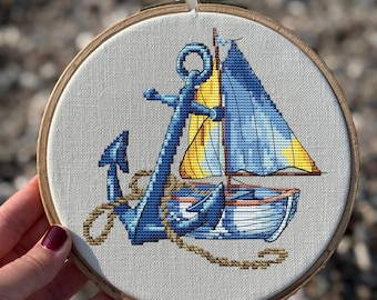Cross Stitch Pattern “Anchor and Sailboat” – Nautical Theme, PDF Pattern