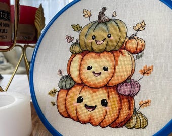 Kawaii Pumpkin Cross Stitch Pattern – Autumn Embroidery Design (PDF Pattern)