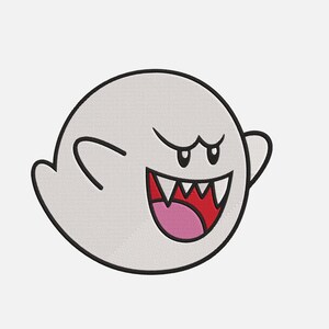 Puede incluir: Un fantasma de dibujos animados blanco con una amplia sonrisa dentuda y ojos enojados, delineado en negro. La imagen está etiquetada como "7 MACHINE EMBROIDERY FILES" y enumera tamaños de aro de 10,16 cm x 10,16 cm y 12,7 cm x 17,78 cm.
