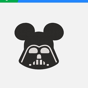 May include: A black and white machine embroidery file design. The design combines Mickey Mouse ears with Darth Vader's helmet. The image includes the text "7 MACHINE EMBROIDERY FILES" and "DST EXP HUS PES VP3 SEW XXX".
