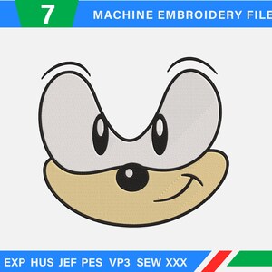 May include: A machine embroidery file featuring a cartoon face with white eyes, a tan muzzle, and a black nose and mouth. The image includes the text "7 MACHINE EMBROIDERY FILES" at the top and file type abbreviations at the bottom.
