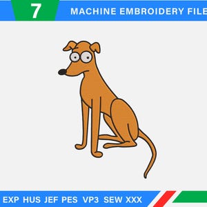 May include: A cartoon-style illustration of a tan dog with large, round eyes, sitting with its legs extended. The image includes the text "7 MACHINE EMBROIDERY FILES" and embroidery file formats.