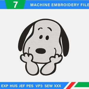 May include: A machine embroidery file design featuring a cartoon dog in a sitting position. The dog is white with black ears and a black nose and eyes. The image includes the text "7 MACHINE EMBROIDERY FILES" and file type abbreviations.