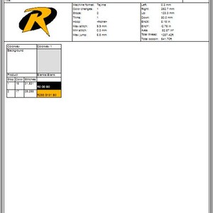 May include: Production summary document from Wilcom Embroidery Studio. The design is titled "Robinhod" and features a logo with a black oval and a yellow "R" with a stylized arrow. The document includes stitch counts, measurements in inches, and color information.