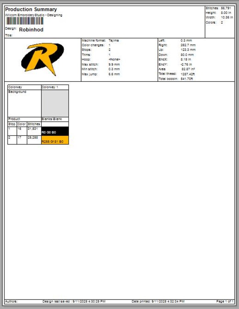 May include: Production summary document from Wilcom Embroidery Studio. The design is titled "Robinhod" and features a logo with a black oval and a yellow "R" with a stylized arrow. The document includes stitch counts, measurements in inches, and color information.