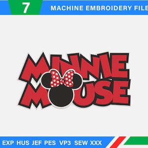 May include: Machine embroidery files featuring the Minnie Mouse logo. The design includes the name "MINNIE MOUSE" in red block letters with a black outline. A black mouse head with a red and white polka dot bow is centered in the design.