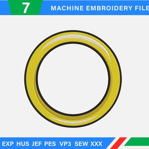 May include: A yellow and black circular embroidery design. The design has a white accent and is labeled "7 MACHINE EMBROIDERY FILES". The bottom of the image lists embroidery file formats.